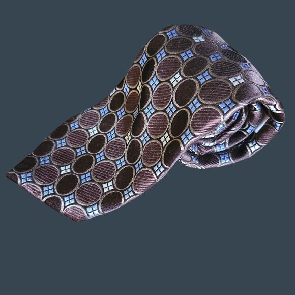 Michael Kors Mens Silk Tie Brown & Blue Geometric Circle Pattern - Picture 1 of 5